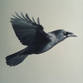 A hyper realistic photo of flying crow, showcasing its detailed feathers and dynamic movement against soft background. image