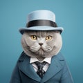 Hyper-realistic Portrait Of Adorable British Shorthair Cat In Blue Suit And Hat