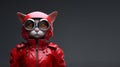 Hyper realistic portrait of an anthropomorphic lady cat in stylish red biker costume