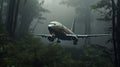 Hyper-realistic Portraiture: Airplane Flying Through Misty Trees