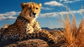 Hyper-realistic Portraiture Of Cheetah Resting On Rock At Sunset