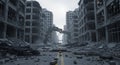 Hyper realistic post industrial ruinscape Destroyed street, rubble, failed chassis under cold light Royalty Free Stock Photo