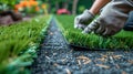 Close up of gardener hands installing artificial turf in the garden. Gardening concept