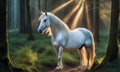 A hyper-realistic pure white unicorn standing in the forest with morning sunrays