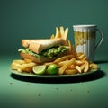 Hyper-realistic Rendering Of Sandwich, Chips, And Mushy Peas