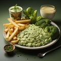 Hyper-realistic Rendering Of Soup And Chips With Mushy Peas