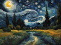 Hyper realistic rendition of Van Gogh starry night, with a river, nature view, mysterious dark nature background