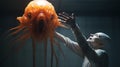 Hyper-realistic Sci-fi Concept Art: Picking Up An Orange Octopus Royalty Free Stock Photo