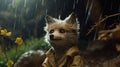 Hyper-realistic Sci-fi Fox In The Rain: A Playful Caricature