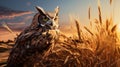 Hyper-realistic Sci-fi Owl Portraiture In Wheat Field At Sunset