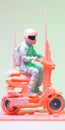 Hyper-realistic Sci-fi Sculpture: Man On Scooter Amidst Pink Shapes