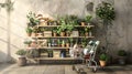 Hyper-Realistic Shop Shelves Filled with Potted Plants and Gardeners Wares