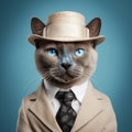Hyper-realistic Siamese Cat Portrait: Adorable Cat In Hat And Suit