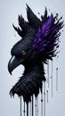 Hyper-Realistic Splash Art of Black Feather and Raven\'s Head on White Background