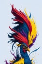 Hyper-Realistic Splash Art of Colorful Feather and Rooster\'s Head on White Background