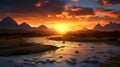 Hyper-realistic Sunset: Grassy Area, Mountains, Water, Maya Render Royalty Free Stock Photo