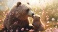 Hyper realistic super cute mama bear hugging baby bear. Happy mother\'s day greeting card concept. AI generated image