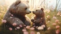 Hyper realistic super cute mama bear hugging baby bear. Happy mother\'s day greeting card concept. AI generated image