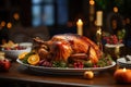 Hyper Realistic super detailed macro shot, delicious Turkey on a table, nicely decorated, in a garden, Thanksgiving