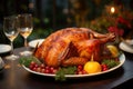 Hyper Realistic super detailed macro shot, delicious Turkey on a table, nicely decorated, in a garden, Thanksgiving