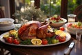 Hyper Realistic super detailed macro shot, delicious Turkey on a table, nicely decorated, in a garden, Thanksgiving