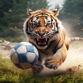 Hyper-realistic Tiger Playing Soccer Explosive Wildlife Concept Art