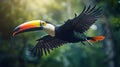 Hyper-realistic Toucan Flying In Vray Traced Forest