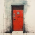 Hyperrealistic Painting Of A Red Door And Gray Wall
