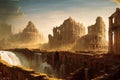 Hyper-realistic view of ancient city ruins of a forgotten tribe by the waterfall under the blue sky