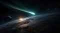 Hyper-realistic view of a comet with glowing tail over a planet at sunrise in space Royalty Free Stock Photo