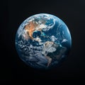 Hyper-realistic view of planet Earth (Tellus), surface details in high resolution, black space background.
