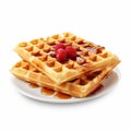 Hyper-realistic Waffles With Syrup And Raspberries On White Plate