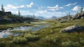 Hyper-realistic Water: Rocky Mountainous Environment With Arctic Vegetation