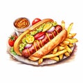 Realistic Watercolor Illustration Of Hotdog With Fries