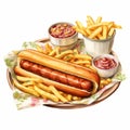 Realistic Vector Illustration Of Hotdog With Fries And Onions
