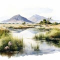 Hyper Realistic Watercolor Landscape With Swamps, Grass, And Mountains