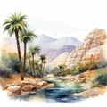 Hyper Realistic Watercolor Oasis With Desert, River, And Palm Trees Royalty Free Stock Photo