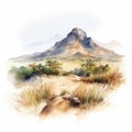 Hyper Realistic Watercolor Painting Of Mountains In African Savanna