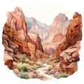 Hyper Realistic Watercolor Painting Of Zion National Park Canyon