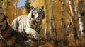 Hyper-realistic White Tiger Walking Among Yellow Trees Royalty Free Stock Photo