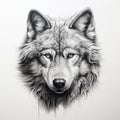 Hyper-realistic Wolf Portrait: Detailed Illustration In Dark White And Gray Royalty Free Stock Photo