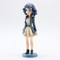 Hyper-realistic Wooden Anime Heroine Statue In Blue Jacket And White Dress Royalty Free Stock Photo