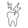 Hyper sensitive teeth thin line icon. Sick tooth and lightning symbol, outline style pictogram on white background Royalty Free Stock Photo