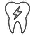 Hyper sensitive tooth line icon. Sick teeth, dental problem and energy symbol, outline style pictogram on white