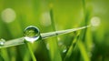 Hyper zoom macro of a droplet on a blade of grass