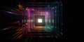 hypercube spaceship timewarp rainbow Tesseract with dark background generative AI