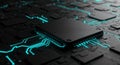 A hyperdetailed abstract macro view of a complex computer circuit board with a central microchip and glowing cyan data pathways on Royalty Free Stock Photo