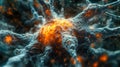 Hyperdetailed 3D rendering of neural activity with glowing synapses and orange sparks symbolizing brain connections and