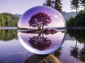 A hyperdetailed image of a glass sphere, inside of which is a tranquil lake, in whose center is a small island on which grows a Royalty Free Stock Photo
