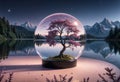 A hyperdetailed image of a glass sphere, inside of which is a tranquil lake, in whose center is a small island on which grows a Royalty Free Stock Photo